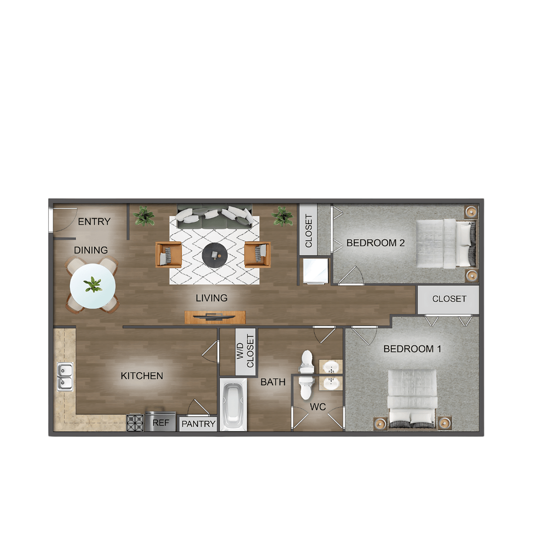Floor plan for 2 beds, 1.5 baths, 1150 sqft